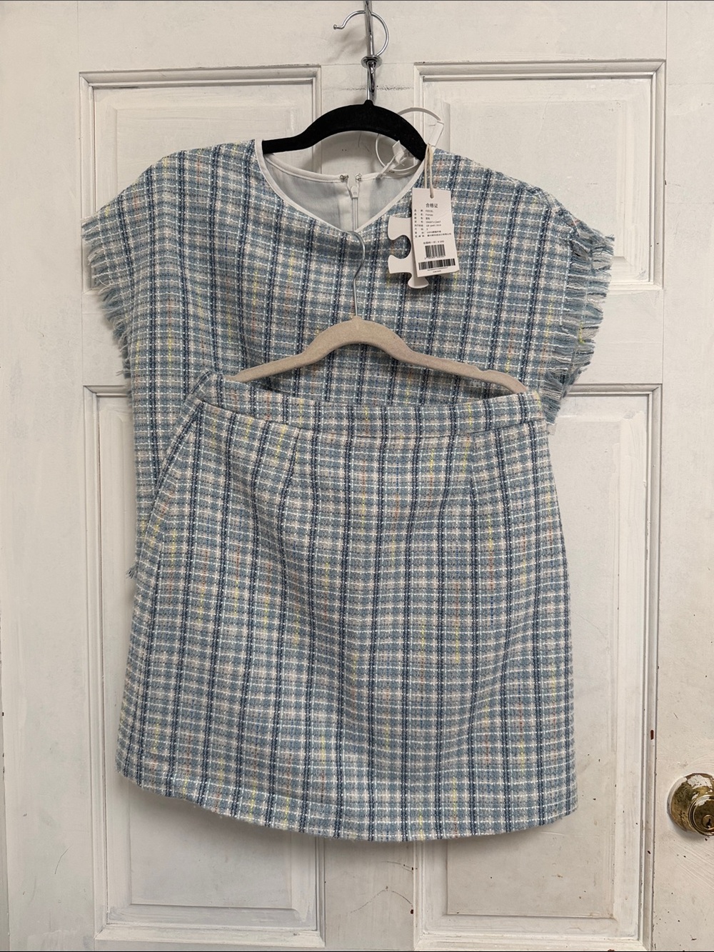 Feeciel Blue & White Plaid Tweed Two-Piece Fringe Mini Skirt Set